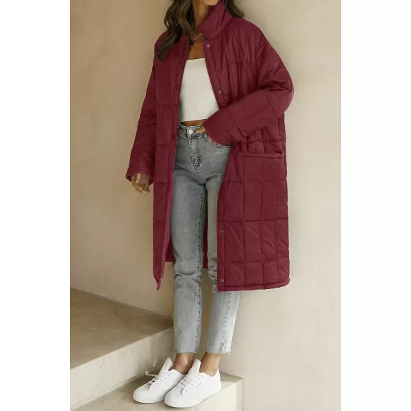 imageZESICA Womens Button Down Quilted Coat Winter Long Sleeve Stand Collar Oversized Puffer Jacket Outerwear with PocketsWine