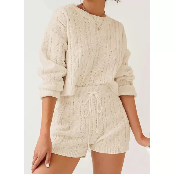 imageZESICA Womens Casual 2 Piece Sweater Sets Long Sleeve Cable Knit Pullover Tops and Drawstring Shorts Sweatsuit OutfitsApricot