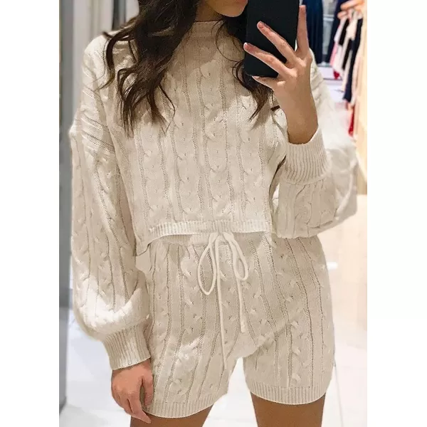 imageZESICA Womens Casual 2 Piece Sweater Sets Long Sleeve Cable Knit Pullover Tops and Drawstring Shorts Sweatsuit OutfitsApricot
