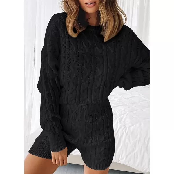 imageZESICA Womens Casual 2 Piece Sweater Sets Long Sleeve Cable Knit Pullover Tops and Drawstring Shorts Sweatsuit OutfitsBlack