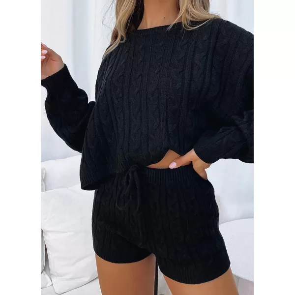 imageZESICA Womens Casual 2 Piece Sweater Sets Long Sleeve Cable Knit Pullover Tops and Drawstring Shorts Sweatsuit OutfitsBlack