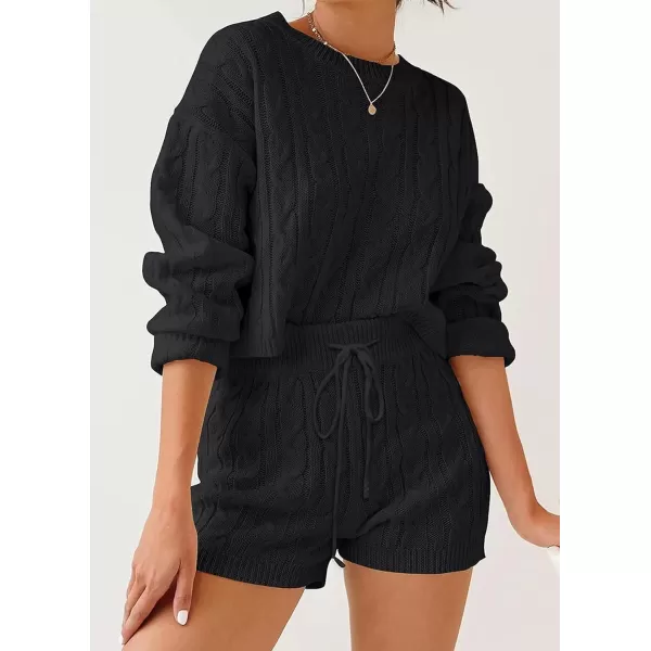 imageZESICA Womens Casual 2 Piece Sweater Sets Long Sleeve Cable Knit Pullover Tops and Drawstring Shorts Sweatsuit OutfitsBlack