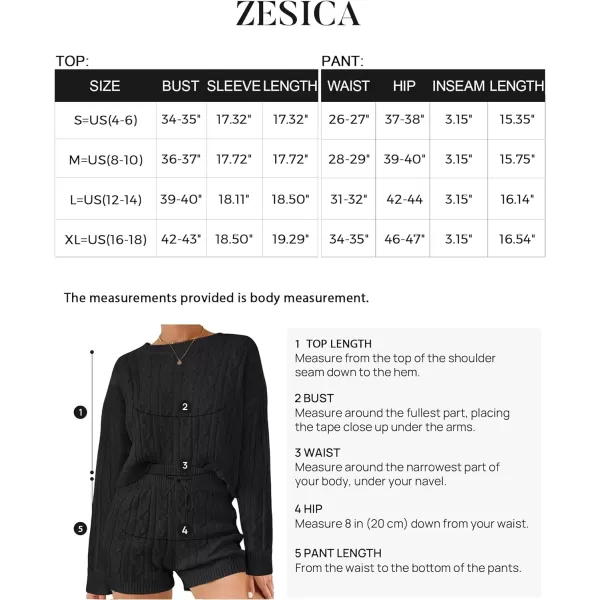 imageZESICA Womens Casual 2 Piece Sweater Sets Long Sleeve Cable Knit Pullover Tops and Drawstring Shorts Sweatsuit OutfitsBlack