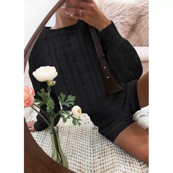 imageZESICA Womens Casual 2 Piece Sweater Sets Long Sleeve Cable Knit Pullover Tops and Drawstring Shorts Sweatsuit OutfitsBlack