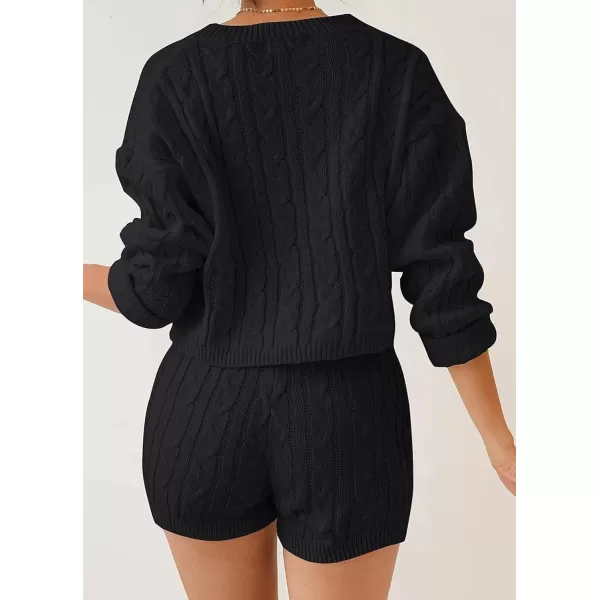 imageZESICA Womens Casual 2 Piece Sweater Sets Long Sleeve Cable Knit Pullover Tops and Drawstring Shorts Sweatsuit OutfitsBlack