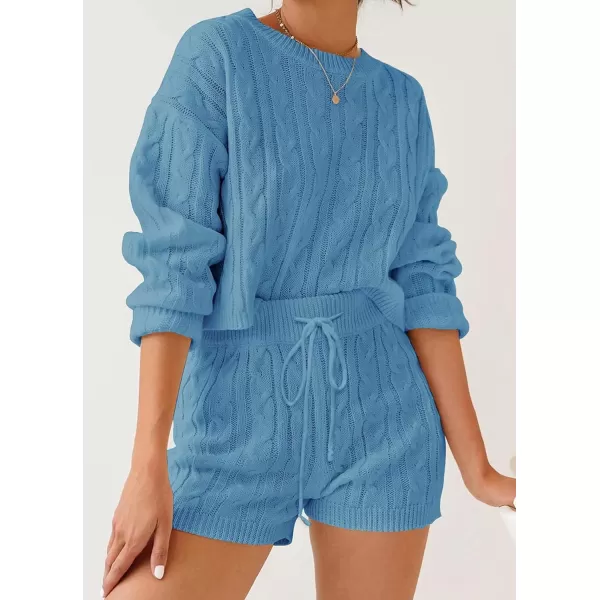 imageZESICA Womens Casual 2 Piece Sweater Sets Long Sleeve Cable Knit Pullover Tops and Drawstring Shorts Sweatsuit OutfitsBlue