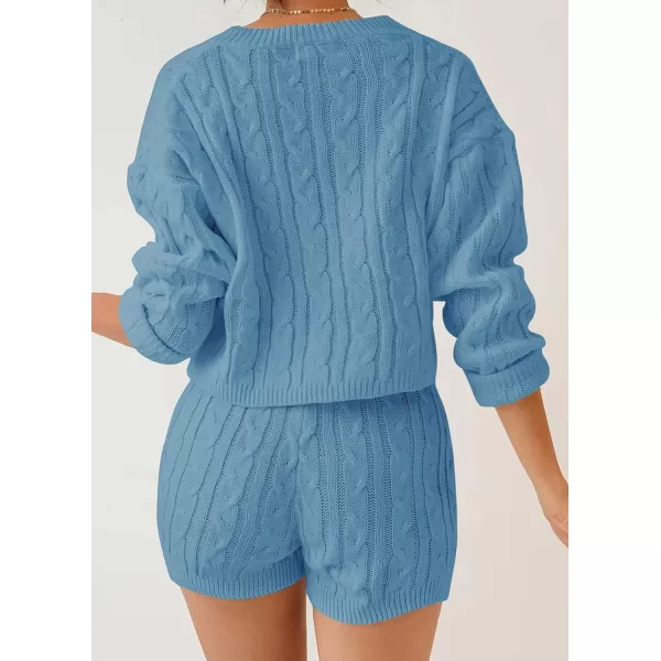 imageZESICA Womens Casual 2 Piece Sweater Sets Long Sleeve Cable Knit Pullover Tops and Drawstring Shorts Sweatsuit OutfitsBlue