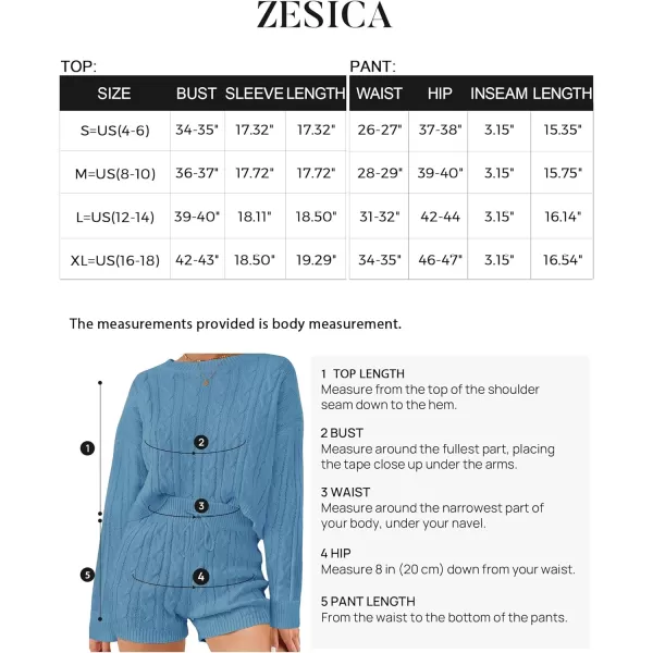 imageZESICA Womens Casual 2 Piece Sweater Sets Long Sleeve Cable Knit Pullover Tops and Drawstring Shorts Sweatsuit OutfitsBlue