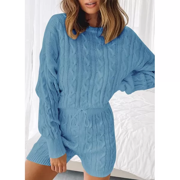 imageZESICA Womens Casual 2 Piece Sweater Sets Long Sleeve Cable Knit Pullover Tops and Drawstring Shorts Sweatsuit OutfitsBlue