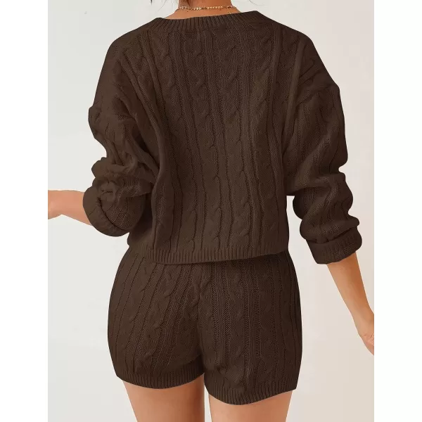 imageZESICA Womens Casual 2 Piece Sweater Sets Long Sleeve Cable Knit Pullover Tops and Drawstring Shorts Sweatsuit OutfitsBrown