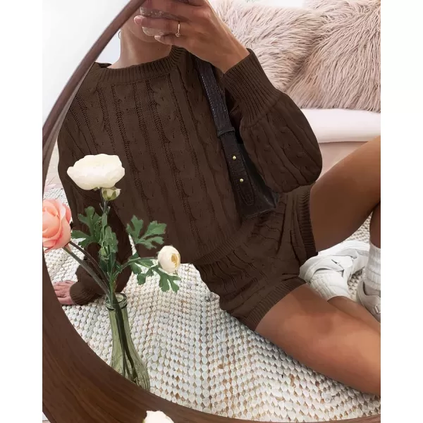 imageZESICA Womens Casual 2 Piece Sweater Sets Long Sleeve Cable Knit Pullover Tops and Drawstring Shorts Sweatsuit OutfitsBrown