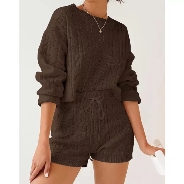 imageZESICA Womens Casual 2 Piece Sweater Sets Long Sleeve Cable Knit Pullover Tops and Drawstring Shorts Sweatsuit OutfitsBrown