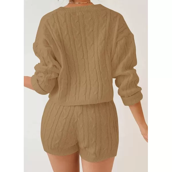 imageZESICA Womens Casual 2 Piece Sweater Sets Long Sleeve Cable Knit Pullover Tops and Drawstring Shorts Sweatsuit OutfitsCamel