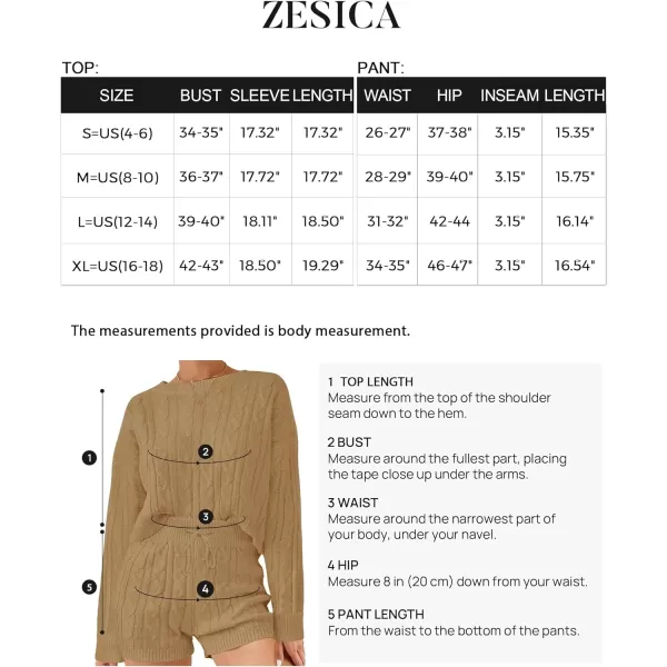 imageZESICA Womens Casual 2 Piece Sweater Sets Long Sleeve Cable Knit Pullover Tops and Drawstring Shorts Sweatsuit OutfitsCamel