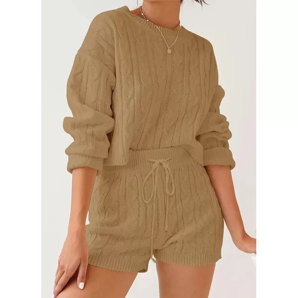 imageZESICA Womens Casual 2 Piece Sweater Sets Long Sleeve Cable Knit Pullover Tops and Drawstring Shorts Sweatsuit OutfitsCamel