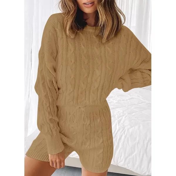 imageZESICA Womens Casual 2 Piece Sweater Sets Long Sleeve Cable Knit Pullover Tops and Drawstring Shorts Sweatsuit OutfitsCamel