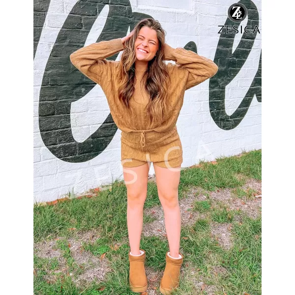 imageZESICA Womens Casual 2 Piece Sweater Sets Long Sleeve Cable Knit Pullover Tops and Drawstring Shorts Sweatsuit OutfitsCamel