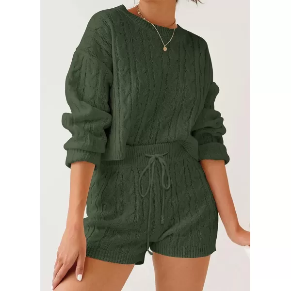 imageZESICA Womens Casual 2 Piece Sweater Sets Long Sleeve Cable Knit Pullover Tops and Drawstring Shorts Sweatsuit OutfitsGreen