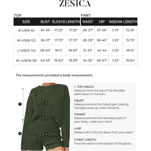 imageZESICA Womens Casual 2 Piece Sweater Sets Long Sleeve Cable Knit Pullover Tops and Drawstring Shorts Sweatsuit OutfitsGreen