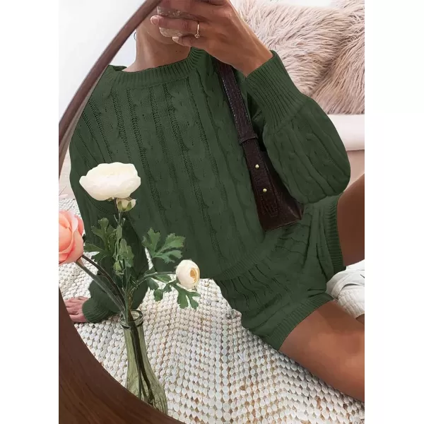 imageZESICA Womens Casual 2 Piece Sweater Sets Long Sleeve Cable Knit Pullover Tops and Drawstring Shorts Sweatsuit OutfitsGreen