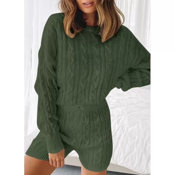 imageZESICA Womens Casual 2 Piece Sweater Sets Long Sleeve Cable Knit Pullover Tops and Drawstring Shorts Sweatsuit OutfitsGreen