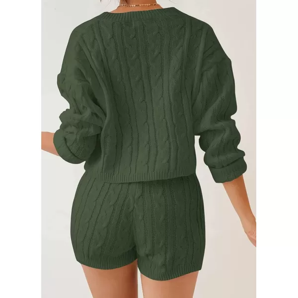 imageZESICA Womens Casual 2 Piece Sweater Sets Long Sleeve Cable Knit Pullover Tops and Drawstring Shorts Sweatsuit OutfitsGreen