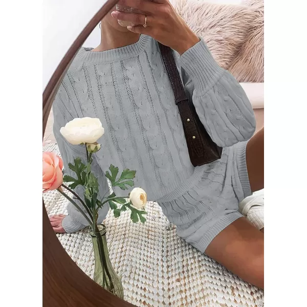 imageZESICA Womens Casual 2 Piece Sweater Sets Long Sleeve Cable Knit Pullover Tops and Drawstring Shorts Sweatsuit OutfitsGrey