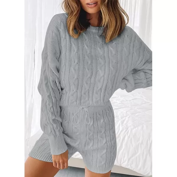 imageZESICA Womens Casual 2 Piece Sweater Sets Long Sleeve Cable Knit Pullover Tops and Drawstring Shorts Sweatsuit OutfitsGrey