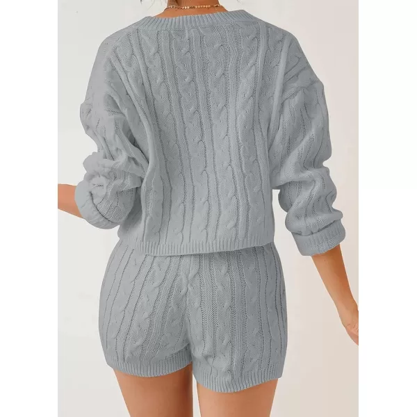 imageZESICA Womens Casual 2 Piece Sweater Sets Long Sleeve Cable Knit Pullover Tops and Drawstring Shorts Sweatsuit OutfitsGrey