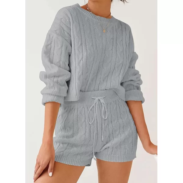 imageZESICA Womens Casual 2 Piece Sweater Sets Long Sleeve Cable Knit Pullover Tops and Drawstring Shorts Sweatsuit OutfitsGrey