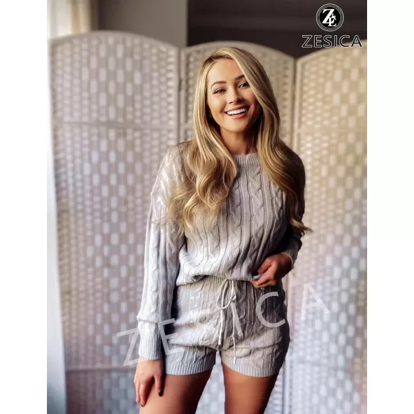 imageZESICA Womens Casual 2 Piece Sweater Sets Long Sleeve Cable Knit Pullover Tops and Drawstring Shorts Sweatsuit OutfitsGrey