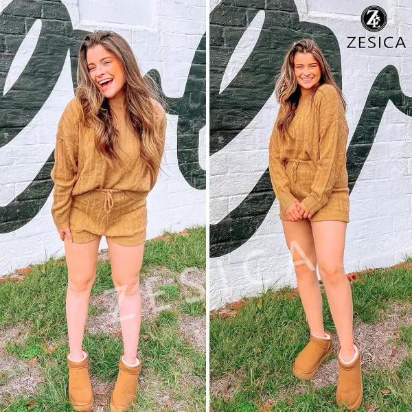 imageZESICA Womens Casual 2 Piece Sweater Sets Long Sleeve Cable Knit Pullover Tops and Drawstring Shorts Sweatsuit OutfitsLightkhaki