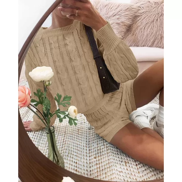 imageZESICA Womens Casual 2 Piece Sweater Sets Long Sleeve Cable Knit Pullover Tops and Drawstring Shorts Sweatsuit OutfitsLightkhaki