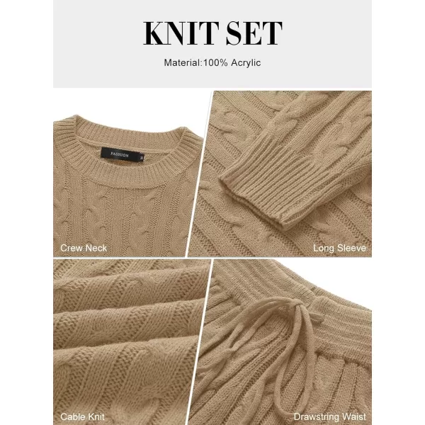 imageZESICA Womens Casual 2 Piece Sweater Sets Long Sleeve Cable Knit Pullover Tops and Drawstring Shorts Sweatsuit OutfitsLightkhaki