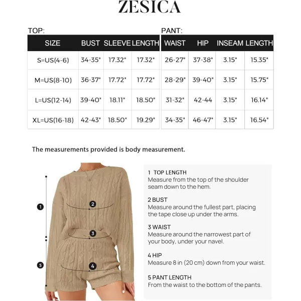 imageZESICA Womens Casual 2 Piece Sweater Sets Long Sleeve Cable Knit Pullover Tops and Drawstring Shorts Sweatsuit OutfitsLightkhaki
