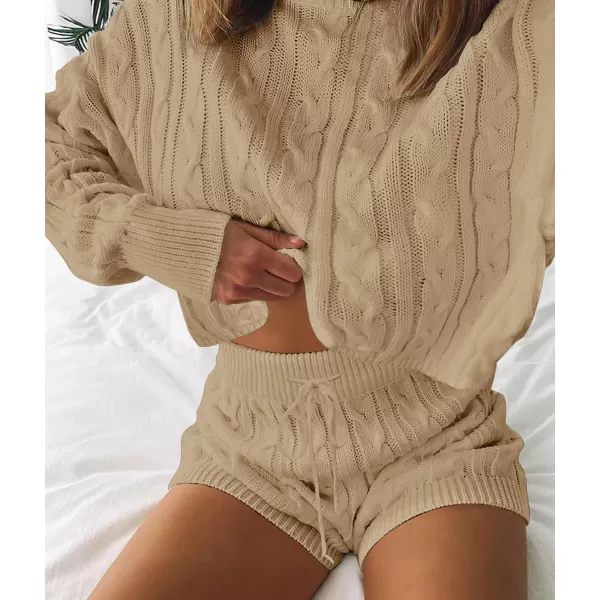 imageZESICA Womens Casual 2 Piece Sweater Sets Long Sleeve Cable Knit Pullover Tops and Drawstring Shorts Sweatsuit OutfitsLightkhaki