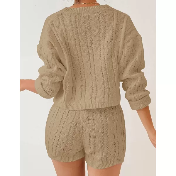 imageZESICA Womens Casual 2 Piece Sweater Sets Long Sleeve Cable Knit Pullover Tops and Drawstring Shorts Sweatsuit OutfitsLightkhaki