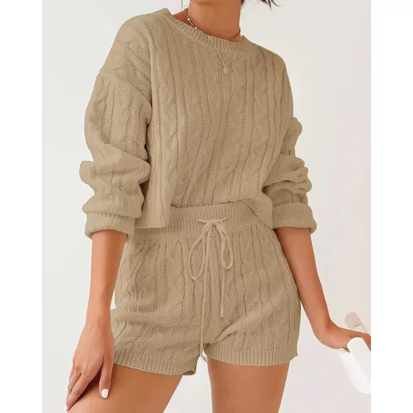 imageZESICA Womens Casual 2 Piece Sweater Sets Long Sleeve Cable Knit Pullover Tops and Drawstring Shorts Sweatsuit OutfitsLightkhaki