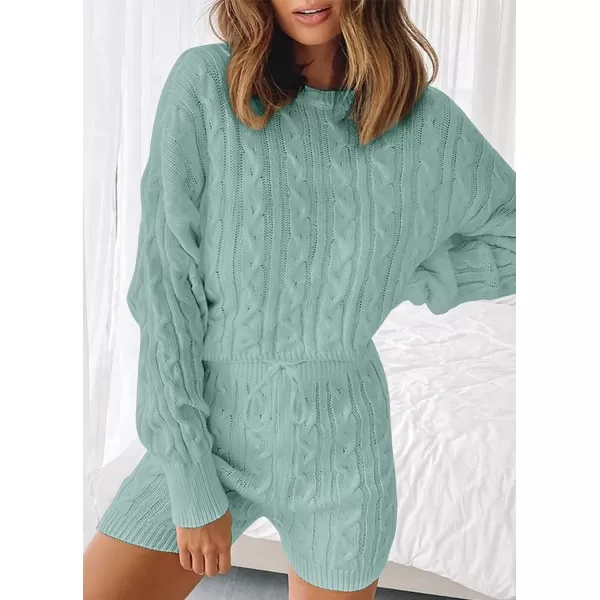 imageZESICA Womens Casual 2 Piece Sweater Sets Long Sleeve Cable Knit Pullover Tops and Drawstring Shorts Sweatsuit OutfitsMint