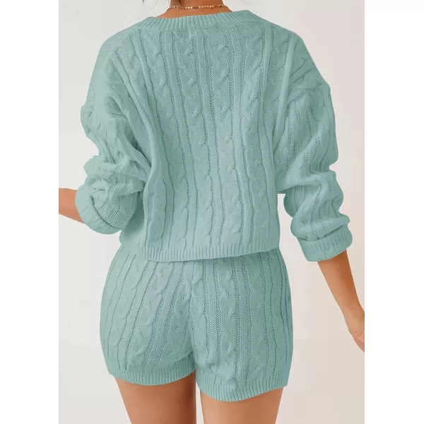 imageZESICA Womens Casual 2 Piece Sweater Sets Long Sleeve Cable Knit Pullover Tops and Drawstring Shorts Sweatsuit OutfitsMint