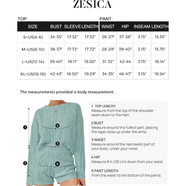 imageZESICA Womens Casual 2 Piece Sweater Sets Long Sleeve Cable Knit Pullover Tops and Drawstring Shorts Sweatsuit OutfitsMint