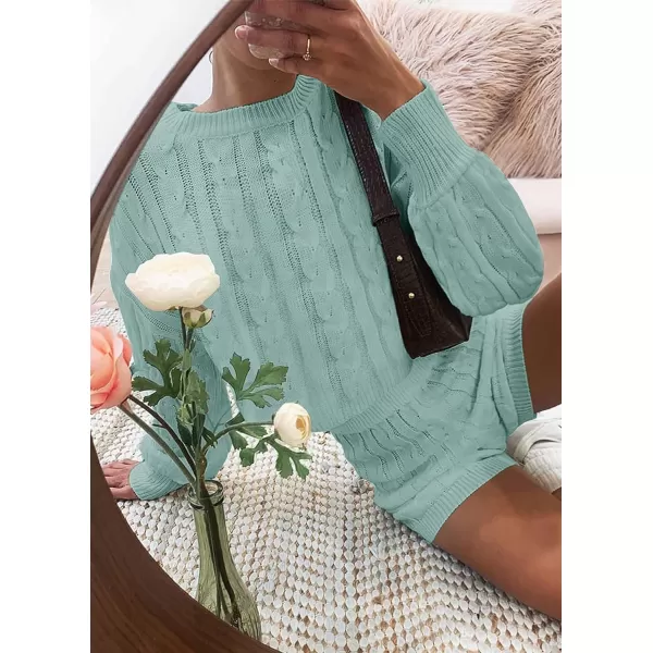 imageZESICA Womens Casual 2 Piece Sweater Sets Long Sleeve Cable Knit Pullover Tops and Drawstring Shorts Sweatsuit OutfitsMint