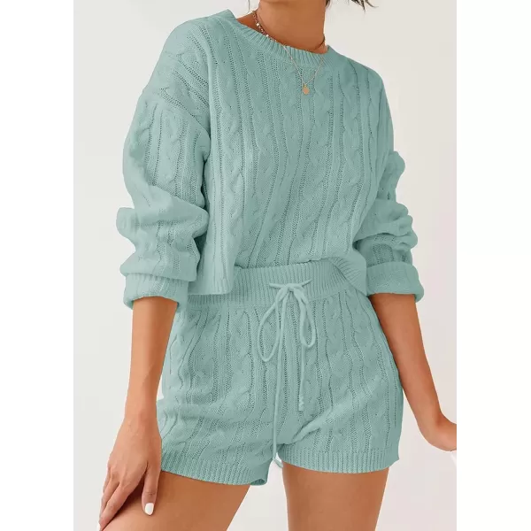 imageZESICA Womens Casual 2 Piece Sweater Sets Long Sleeve Cable Knit Pullover Tops and Drawstring Shorts Sweatsuit OutfitsMint