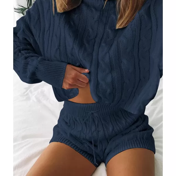 imageZESICA Womens Casual 2 Piece Sweater Sets Long Sleeve Cable Knit Pullover Tops and Drawstring Shorts Sweatsuit OutfitsNavy