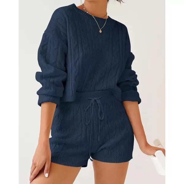 imageZESICA Womens Casual 2 Piece Sweater Sets Long Sleeve Cable Knit Pullover Tops and Drawstring Shorts Sweatsuit OutfitsNavy