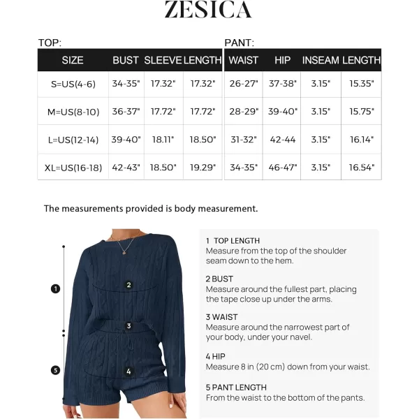 imageZESICA Womens Casual 2 Piece Sweater Sets Long Sleeve Cable Knit Pullover Tops and Drawstring Shorts Sweatsuit OutfitsNavy
