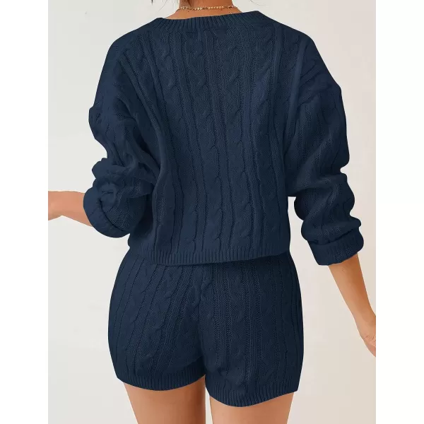 imageZESICA Womens Casual 2 Piece Sweater Sets Long Sleeve Cable Knit Pullover Tops and Drawstring Shorts Sweatsuit OutfitsNavy