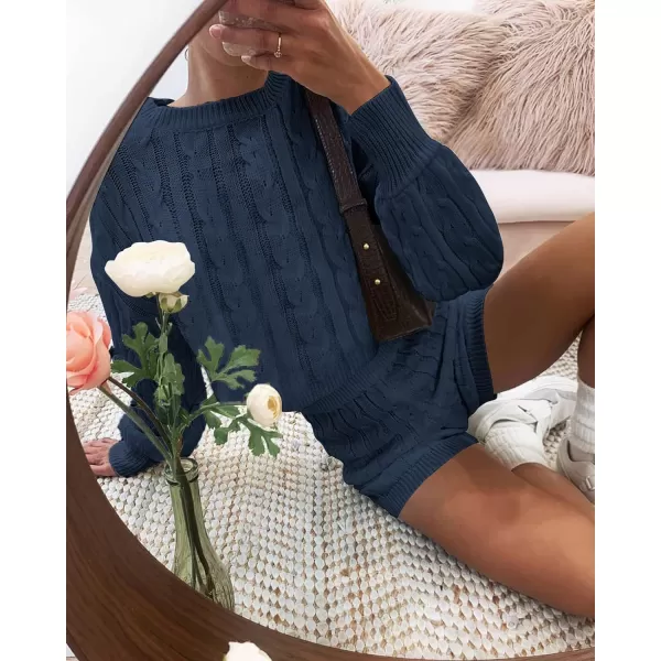 imageZESICA Womens Casual 2 Piece Sweater Sets Long Sleeve Cable Knit Pullover Tops and Drawstring Shorts Sweatsuit OutfitsNavy