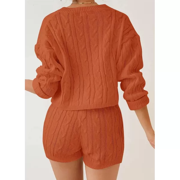 imageZESICA Womens Casual 2 Piece Sweater Sets Long Sleeve Cable Knit Pullover Tops and Drawstring Shorts Sweatsuit OutfitsOrange