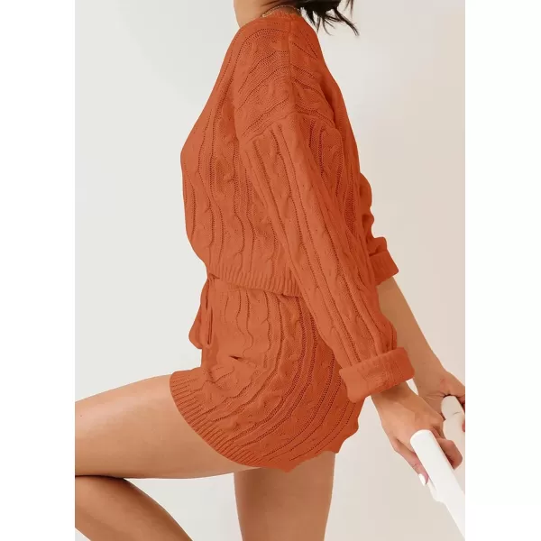imageZESICA Womens Casual 2 Piece Sweater Sets Long Sleeve Cable Knit Pullover Tops and Drawstring Shorts Sweatsuit OutfitsOrange